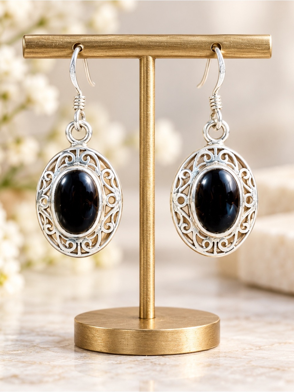 925 STERLING SILVER BLACK ONYX FILIGREE DANGLE EARRINGS FEMININE GIFT BIRTHDAY